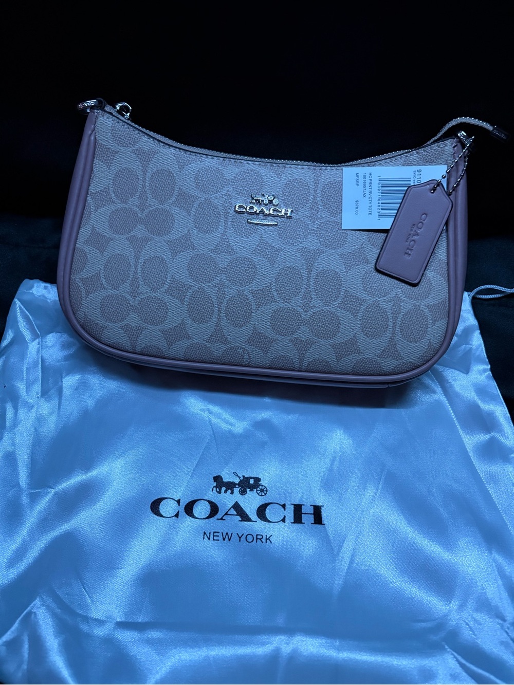 COACH Pink Signature Canvas Shoulder Bag with Leather Trim